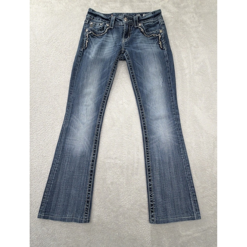 Miss Me Boot Cut Blue Jeans Women's Size 27 Rhinestone Embroidered Flap Pockets